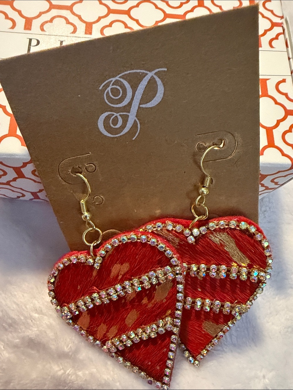 Plunder Red and Gold Heart Drop Earrings with Rhinestone Stripes